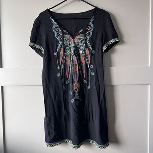 Bohemian Embroidered Dress Womens Small Black V-Neck Short Sleeve Tunic Festival